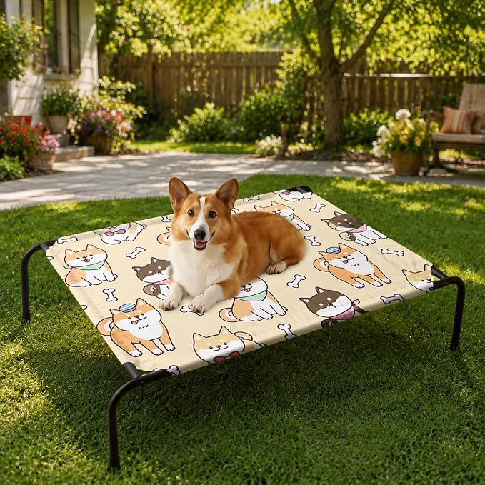 Kawaii Yellow Dogs Bone Pattern Orthopedic Elevated Dog Pet Bed (47"X31"X9"),with Metal Frame,Breathable Waterproof Dog Kennel,Sleeping Bed for Small Medium Large Dogs Cats,for Home,Outdoor Use