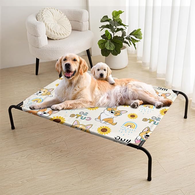 Kawaii Corgi Sunflower Orthopedic Elevated Dog Pet Bed(47"X31"X9"),with Metal Frame,Printing Breathable Waterproof Dog Kennel,Sleeping Bed for Small Medium Large Dogs Cats,for Home,Outdoor Use