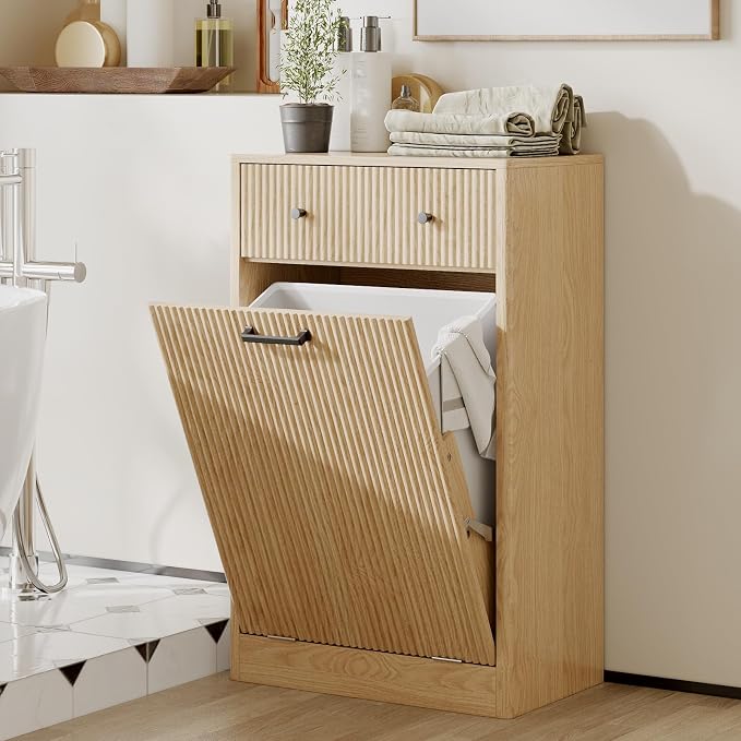 10 Gallon Tilt Out Trash Can Cabinet with Drawer - Modern Fluted Hidden Garbage Bin Holder, Curved Edge Wooden Laundry Hamper Cabinet, Natural Oak