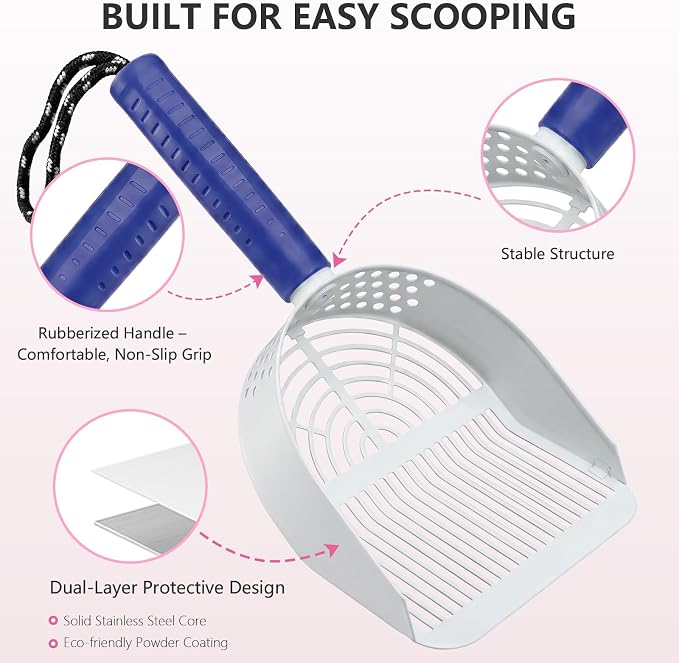 Cat Litter Scoop with Holder, 3 in 1 Metal Kitty Scooper | Heavy Duty Deep Litter Sifter with Dustpan & Mini Broom, Dual Coarse & Fine Grid, Quick Sift, Universal for All Cat Litter