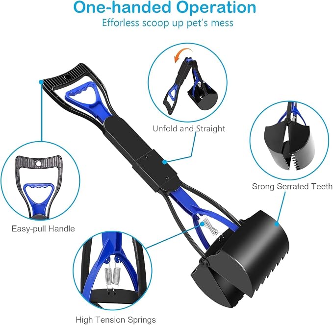 Non-Breakable Pet Pooper Scooper for Dogs and Cats with Long Handle High Strength Material and Durable Spring for Easy Grass and Gravel Pick Up (Blue)