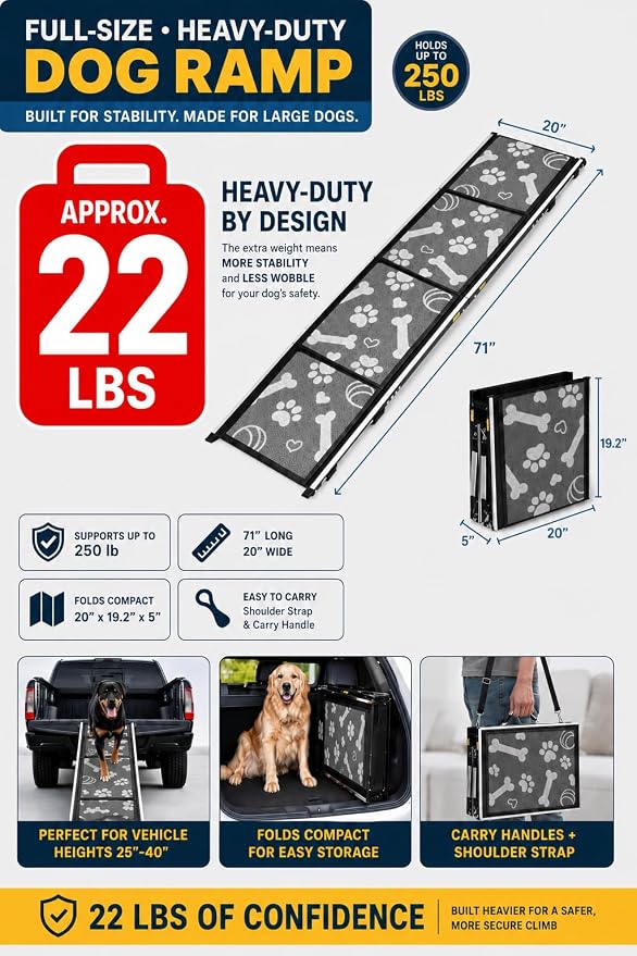 Heavy-Duty 22 lb Dog Ramp for Large Dogs, Car, SUV & Truck, 71" Long x 20" Wide, Built for Maximum Stability, Aluminum Pet Ramp with Side-Strap Stability System, 250 lb Capacity