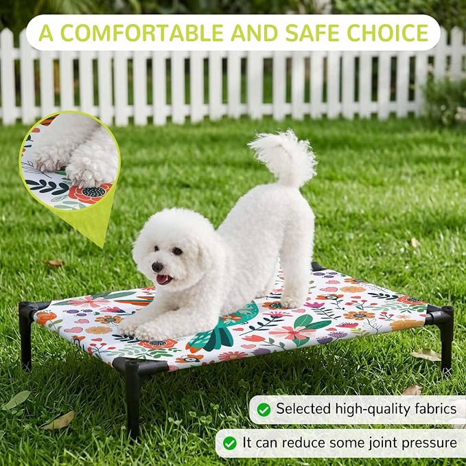 Outdoor Elevated Dog Bed for Medium Dogs, Birds Flowers Breathable Cooling Raised Dog Cot for Indoor/Outdoor, Cartoon Sunny Colorful Botanical Floral Waterproof Elevated Pet Beds, M 24 x 20 in