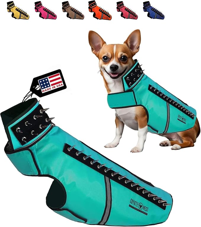 CoyoteVest SpikeVest Dog Harness, Made in the USA, L-Turquoise | Stab-Resistant Protective Vest | Coyote Vest for Dogs | Defends Against Coyotes, Dogs, Birds of Prey | Reflective Safety