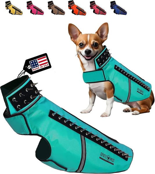 CoyoteVest SpikeVest Dog Harness, Made in the USA, L-Turquoise | Stab-Resistant Protective Vest | Coyote Vest for Dogs | Defends Against Coyotes, Dogs, Birds of Prey | Reflective Safety