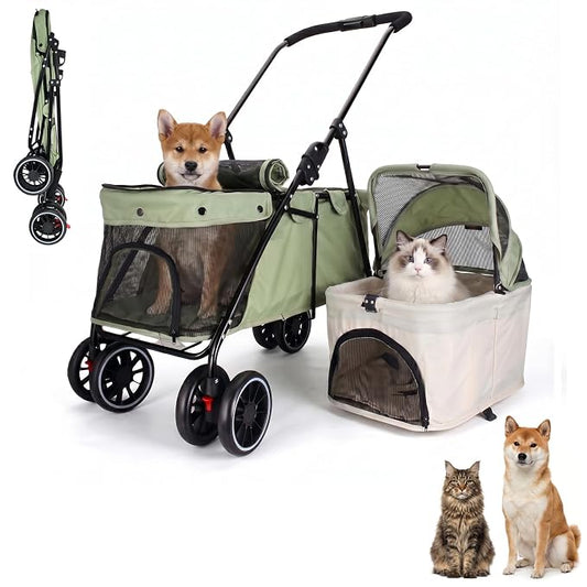 Foldable Double Pets Stroller for Dog Portable Cat Strollers for Small Medium Pet with One Detachable Carrier Flexible Lockable Wheels Lightweight Dogs Jogger (Green Beige)