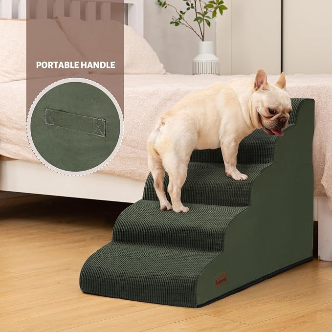 Aodisman Dog Stairs for High Bed,5-Step Pet Ramp for Small Dogs and Cats | 22.2" H Dog Steps for Bed with High-Density Foam, Help Olders,Short-Legged Dogs,Puppy and Cats Get on Beds Easily,Grey,Green