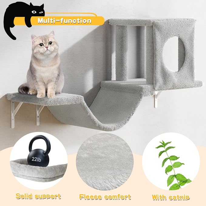 12-in-1 Cat Wall Shelves, Wall Mounted Cat Climber with Condo House, Scratching Post, Bridge Ladder, Space-Saving Indoor Play Furniture for Kittens, Gray