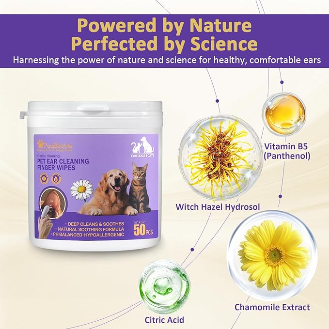 PawBubble Ear Wipes for Dogs and Cats, Dog Ear Finger Wipes, Gentle Ear Cleaner for Wax, Dirt & Odor, Relieves Discomfort & Soothes Ears, Non-Irritating, 50 Count