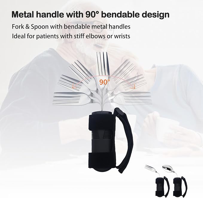 2 Pcs Adaptive Utensils Set with Spoon and Fork, Weighted Adaptive Utensils for Hand Tremors & Parkinson's & Weak Hand Grip with Non-Slip Grip,90° Angled Weighted Silverware for Arthritis