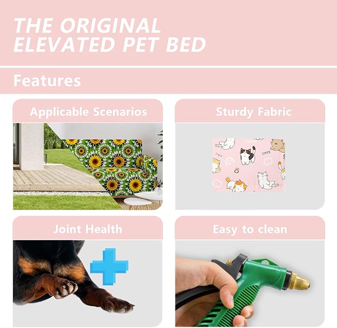Kawaii Cat Pattern Orthopedic Elevated Dog Pet Bed(35"X25"X8"),with Metal Frame,Printing Breathable Waterproof Dog Kennel,Sleeping Bed Set for Small Medium Large Dogs Cats,for Home,Outdoor Use