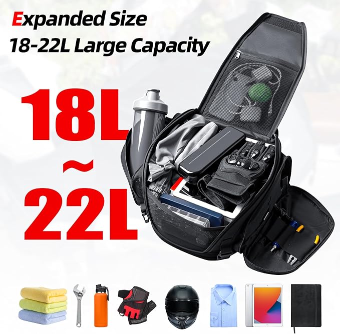 Motorcycle Tail Bag, Upgrade 18L-22L Expandable Sissy Bar Motorcycle Backpack, Waterproof Motorcycles Seat Travel Rear Rack Bag, Motorbike Helmet Bag with Waterproof Rain Cover