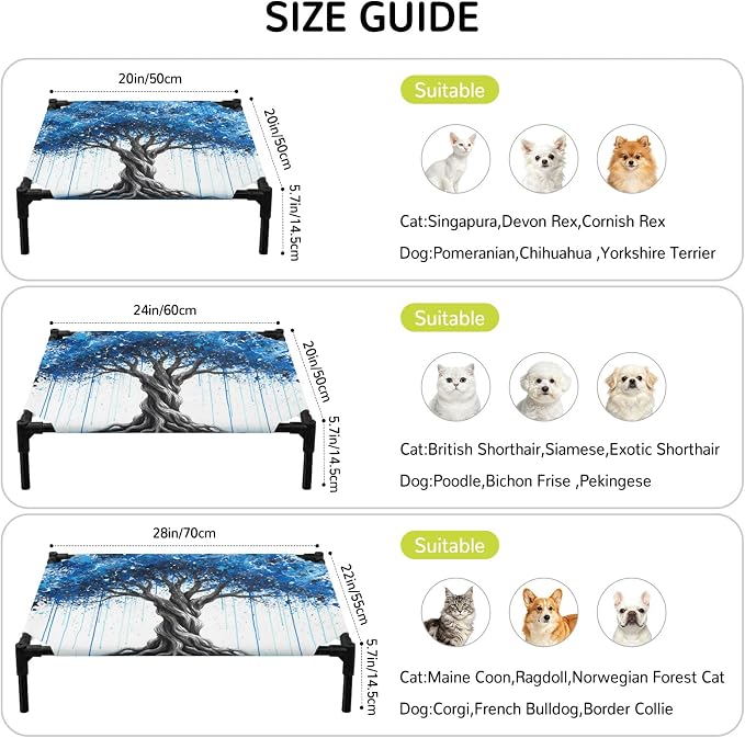 Outdoor Elevated Dog Bed for Small Dogs, Blue Trees Breathable Cooling Raised Dog Cot for Indoor/Outdoor, Boho Nature Branch Leaf Plants Landscape Waterproof Elevated Pet Beds, S 20 x 20 in