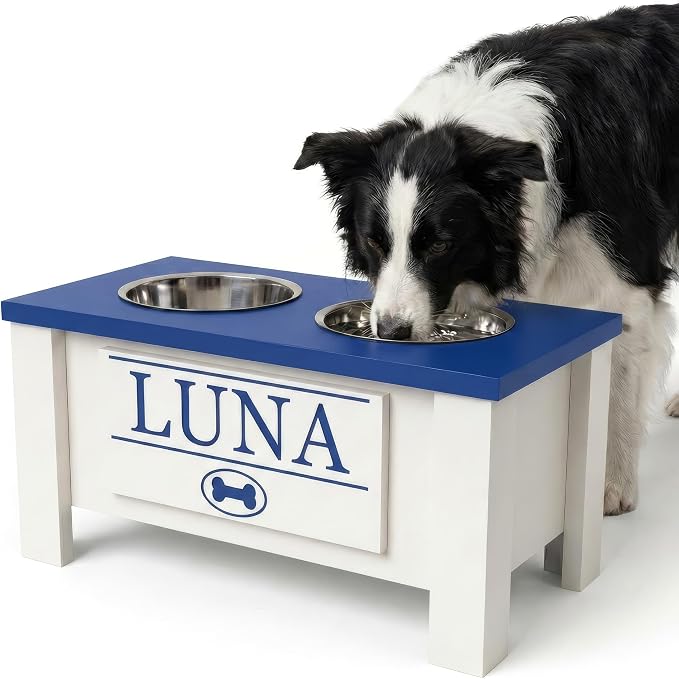 Elevated Dog Bowls, Personalized Raised Dog Bowl Stand for Medium Dogs | Farmhouse Style, Elevated Wood Stand, Storage Container, Stainless Steel Bowls, Raised Anti-Slip Feeder, Made in USA