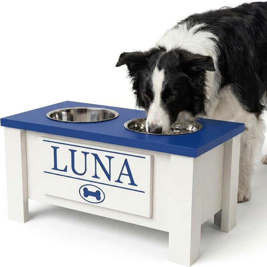 Elevated Dog Bowls, Personalized Raised Dog Bowl Stand for Medium Dogs | Farmhouse Style, Elevated Wood Stand, Storage Container, Stainless Steel Bowls, Raised Anti-Slip Feeder, Made in USA