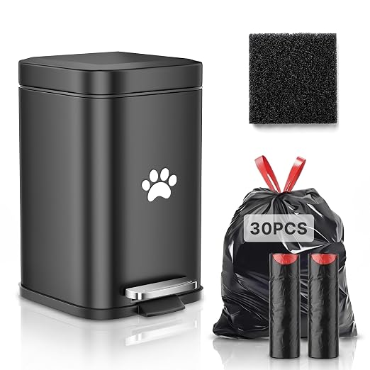 Small Dog Poop Trash Can Outside with Odor Control Lid, 5L/1.3Gal Metal Step Pedal Waste Bin & Removable Inner Bucket, Includes 30 Trash Can Bags, Indoor/Outdoor/Yard Dog Waste Trash Can (Black)