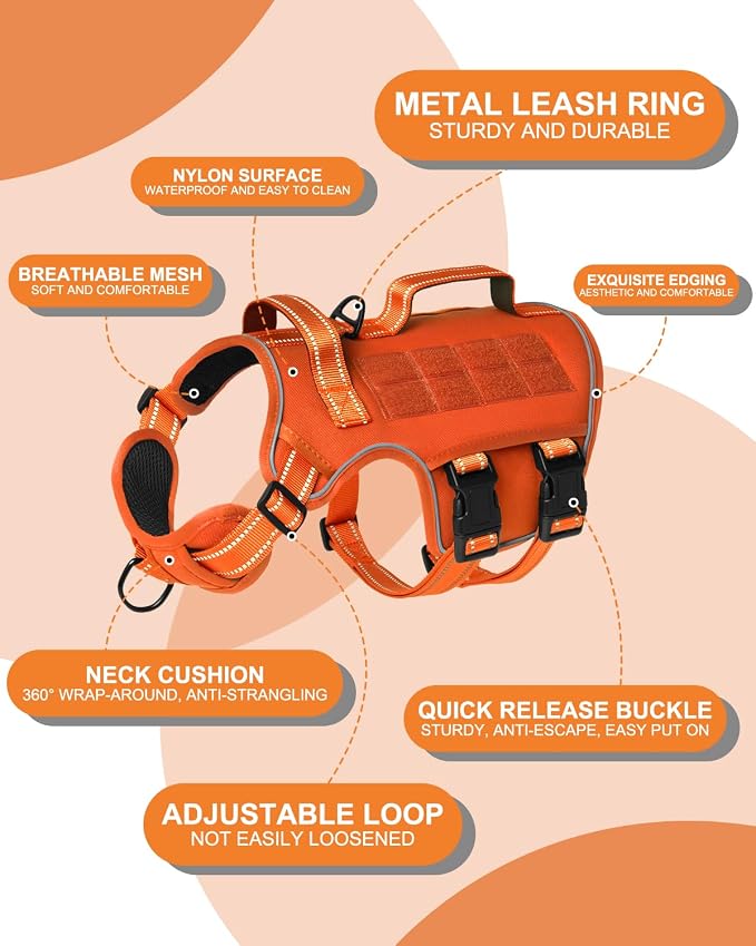 Dog Harness Medium Sized Dog, No Pull Dog Vest with Molle System | Tactical, Easy Control With Handle, Breathable Soft Padded, Adjustable, Reflective, No Choke for Walking, Orange Medium