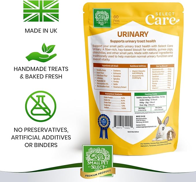 Small Pet Select - Select Care Urinary Support Supplement, Natural High Fiber Timothy Hay Based Treats for Rabbits, Guinea Pigs, Hamsters, Other Small Animals, 4.2 oz