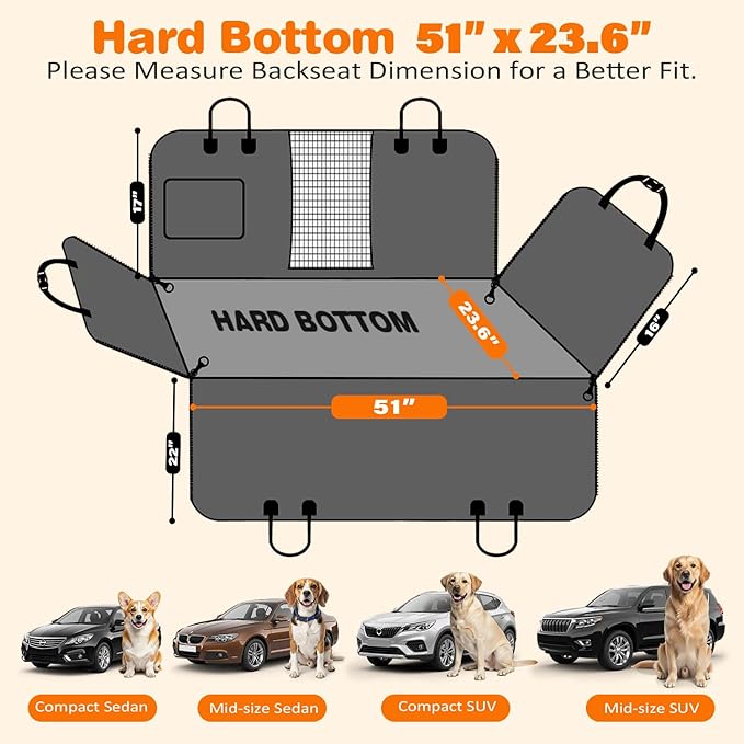 URPOWER Hard Bottom Dog Car Seat Cover, Back Seat Extender with Blanket | 2 in 1 Design, Non-Slip Blanket, 400 lbs Support, 40% More Space, Waterproof, Fits Cars & SUVs, Mesh Window, Easy Care
