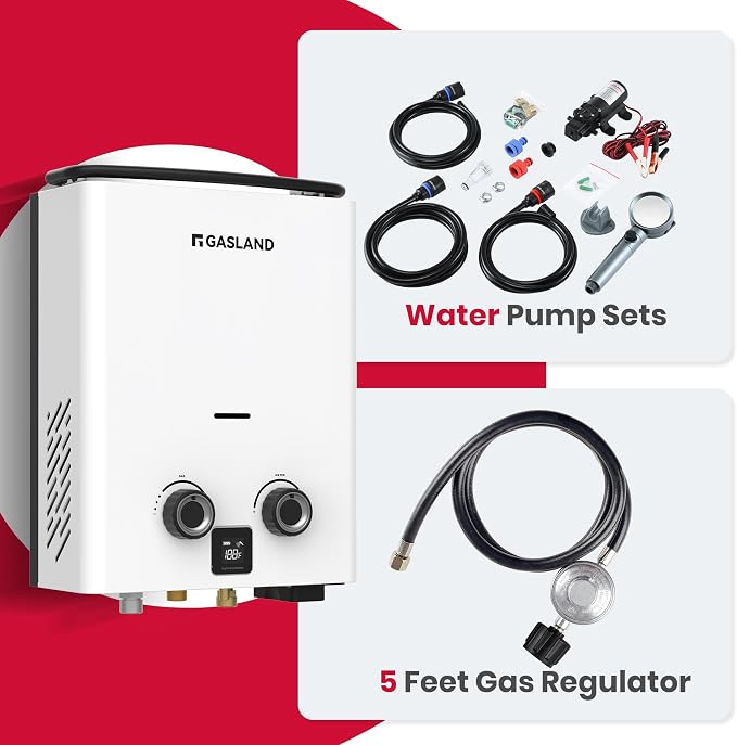 GASLAND Goshower G5 Pro Portable Propane Tankless Water Heater – 1.32 GPM, 34,000 BTU, With Water Pump & Strainer, Ultra-Slim 5L for Camping, Off-Grid, Outdoor Shower
