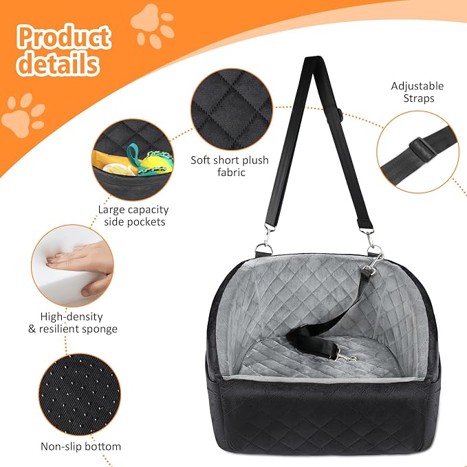 NEEZUKAR Dog Car Seat for Small Dogs,Detachable Washable Dog Booster Seat Under 30lbs, Pet Car Seat Travel Bed with Storage Pockets and Dog Safety Belt (Black/Grey)