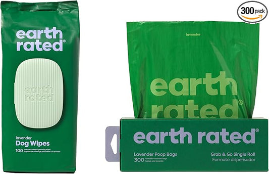 Earth Rated Dog Walking Essentials Bundle - Includes 300 Dog Waste Bags on Single Bulk Roll and 100 Dog Grooming Wipes, Lavender-Scented