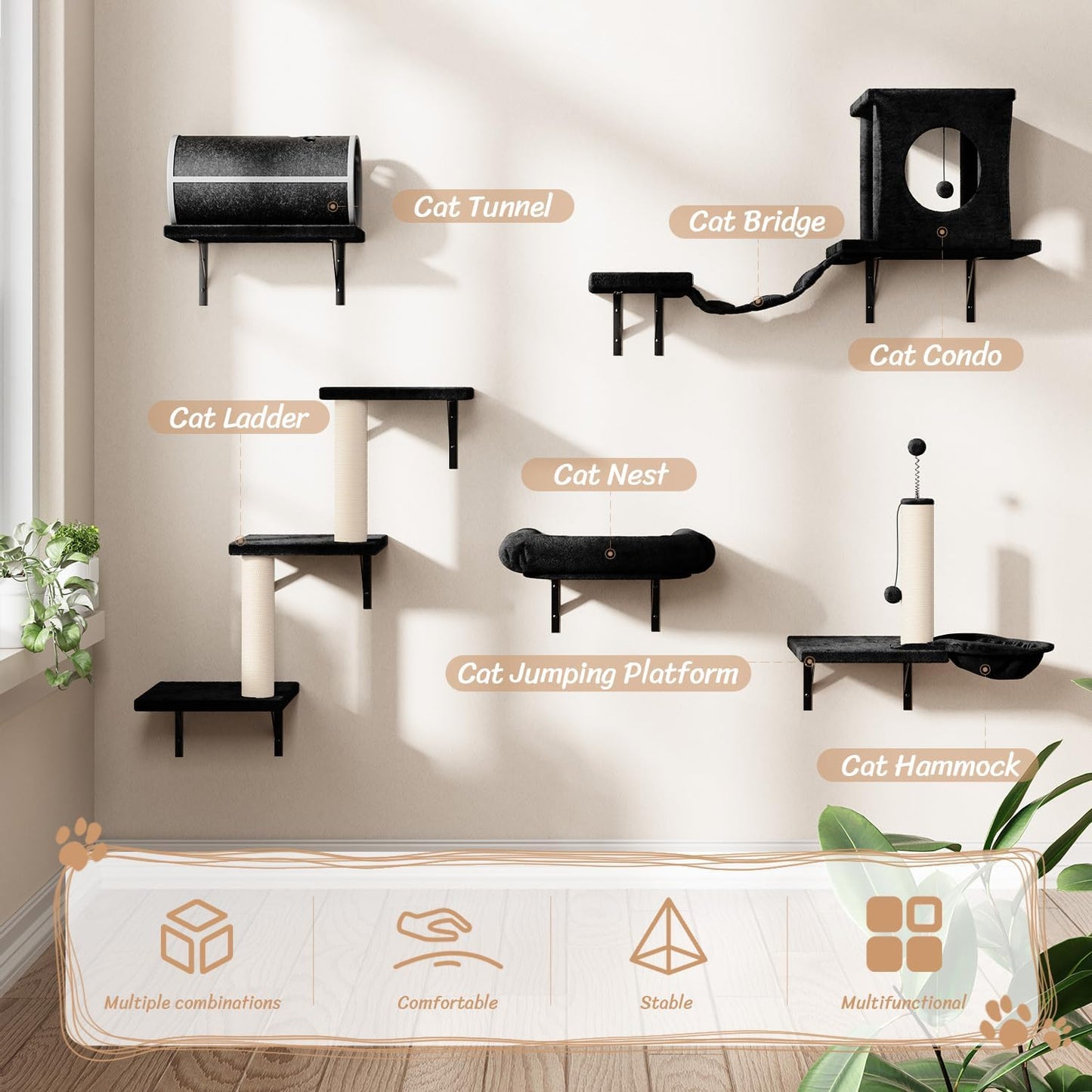 NUNU LAB Wall Mounted Cat Furniture, 7 Pcs Cat Wall Shelves with House, Tunnel, Bridge, Steps, Scratcher, Hammock, Bed, Indoor Safe & Stable Furniture for Kittens Play, Black
