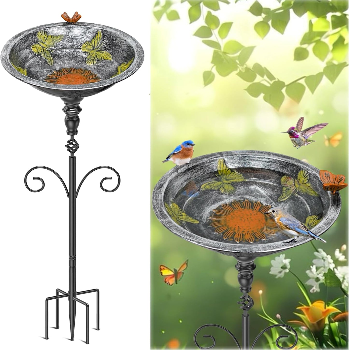 35In Bird Bath for Outside, Vintage Metal Birdbaths & Birdfeeder with 5 Prong Bases for Outdoors, Freestanding Bird Feeder Bowl with for Garden Yard Lawn Decor (Vintage Silver)