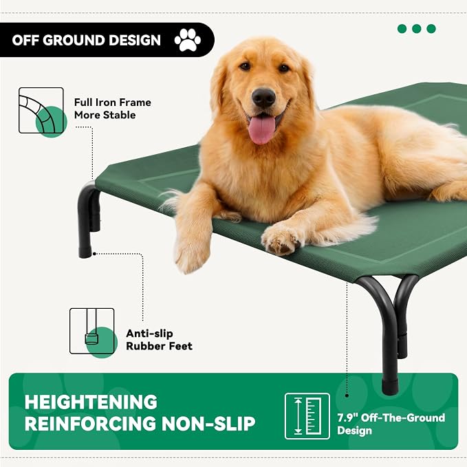 Elevated Dog Bed Outdoor Cooling Raised Cot for XL Dogs, Green 53.9in | Tool-Free Installation; Washable Cooling Breathable Mesh; Anti-Slip Feet; Indoor & Outdoor Use
