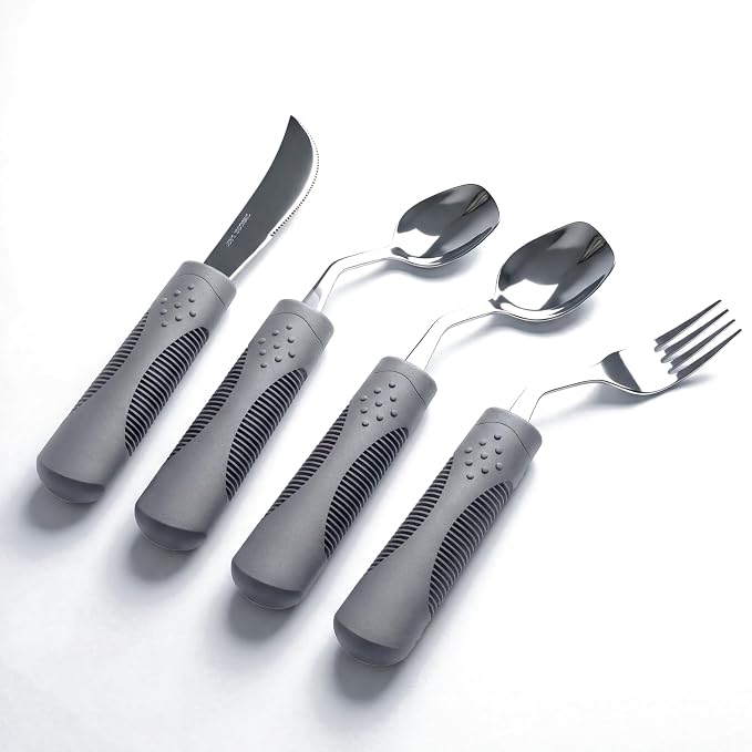 Adaptive Utensils 4-Piece Set | Weighted Silverware for Hand Tremors & Parkinson's | 42° Angled Rocker Knife & Shovel Spoon | 140g Weighted Utensils for Arthritis, Elderly (Grey,