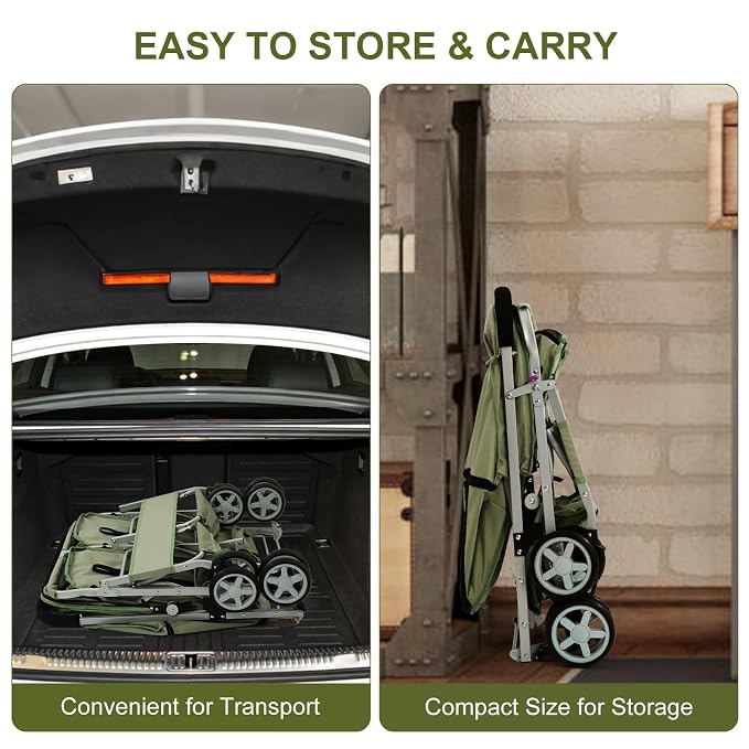 Double Pet Stroller for 2 Small Dogs & Cats, Side-by-Side Twin Travel Carriage with Safety Leashes, Mesh Windows & Double Storage Baskets, Lightweight & Foldable, 44lbs Capacity, Green