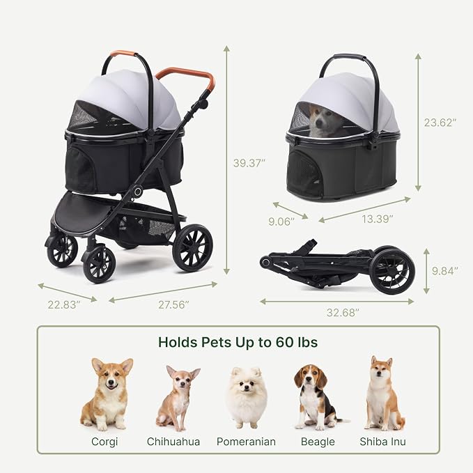 3-in-1 Pet Stroller for Medium Dogs & Cats, Detachable Aluminum Frame Carrier, All-Terrain 4-Wheel Dog Travel Carriage, Shock Absorption, Easy-Entry Low Door, Max 55lbs - Darkgrey