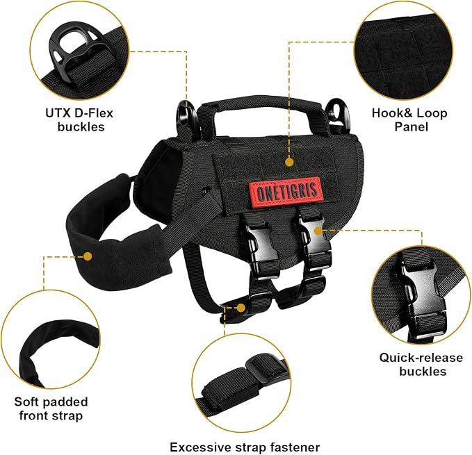 OneTigris Tactical Dog Harness XXS Puppy Vest with Vertical Handle | Tactical XXS puppy harness with vertical handle & fleece padding. Quick-release for easy on/off. Ideal for training & walks.