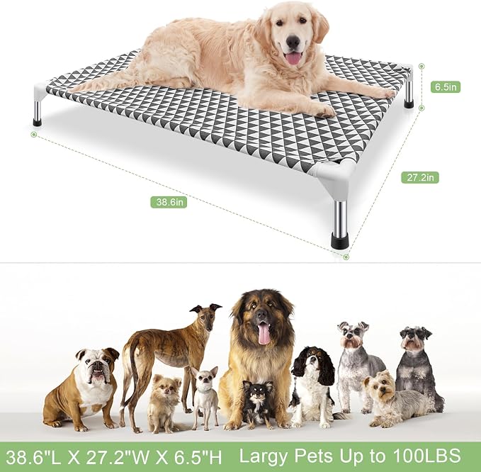 Kuntrust Elevated Outdoor Dog Bed, Large Size, Fits up to 100lbs | Breathable Fabric, Dual-Layer Cotton, Stainless Steel Frame, Anti-Slip Feet