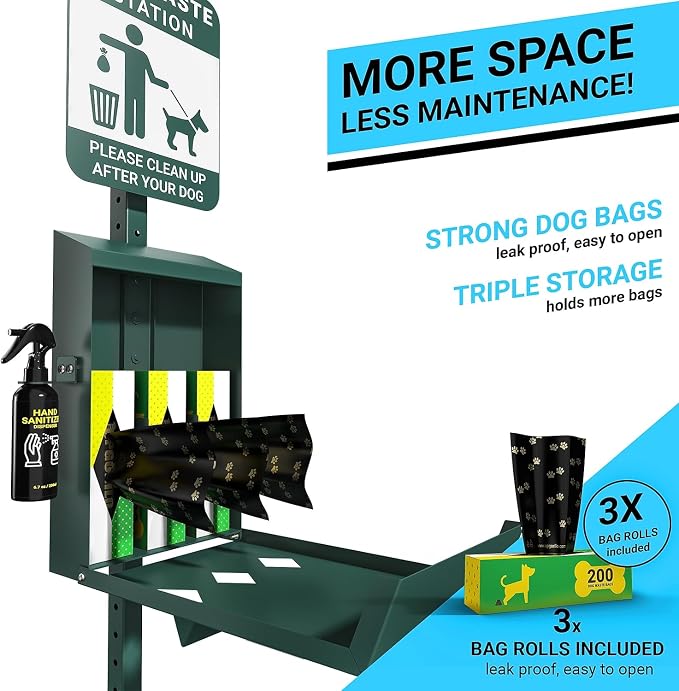 Flash Furniture Mini Pet Waste Station, 600 Bags, Green | Glow in the Dark Sign, Roll Waste Bag Dispenser, Hand Sanitizer