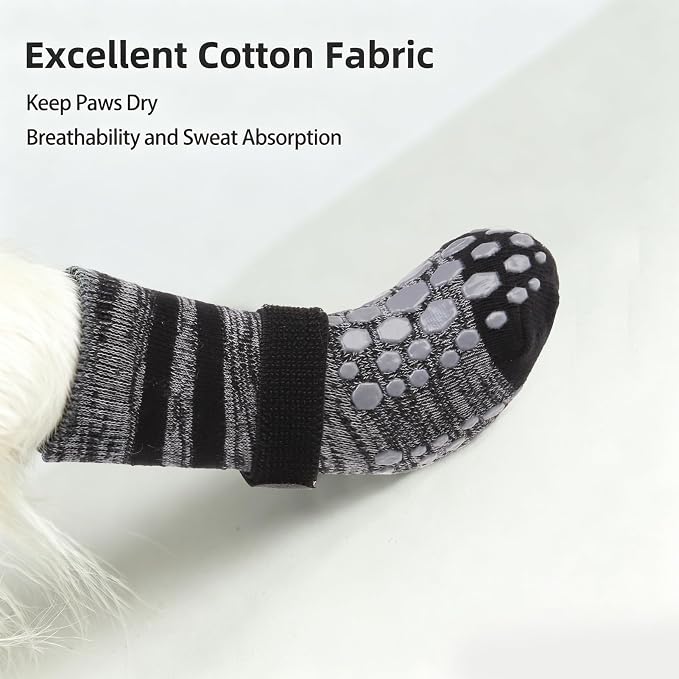 PUPTECK Anti-Slip Dog Socks with Double Sides for Small Medium Large Dogs Hardwood Floors Prevents Licking, Dog Shoes for Hot Pavement Traction Control Paw Protector for Senior Dogs, Striped Black XS