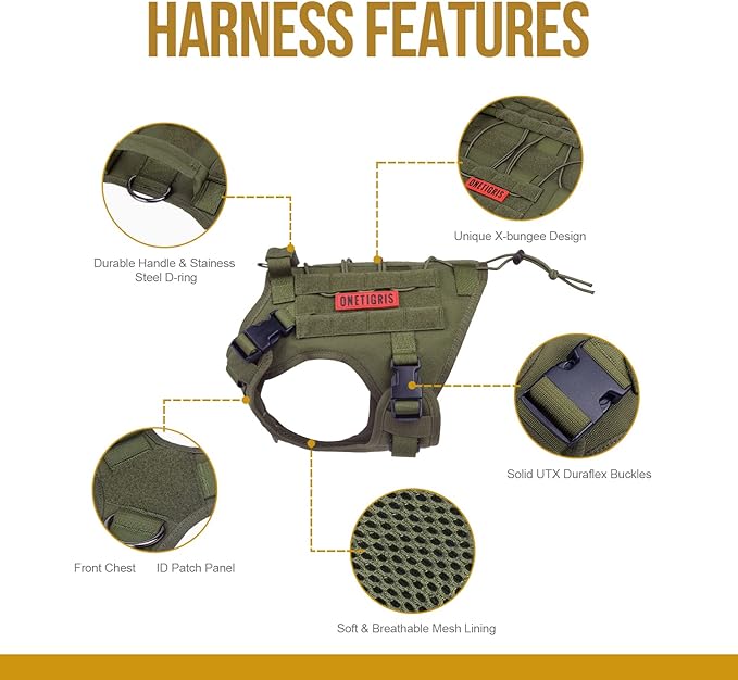 OneTigris Tactical Dog Harness Vest No-Pull Service Dog Vest for Large Dogs | 1000D Pullable Nylon, with Control Handle and Hook & Loop Panels, Easy On & Off, Adjustable for Walking Training Green XL