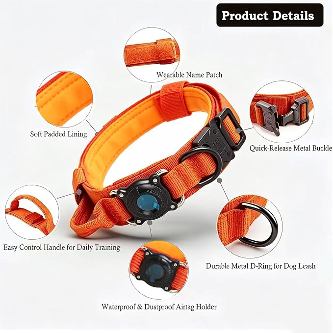 AirTag Dog Collar for Large Dogs Tactical Dog Collar with AirTag Holder | Upgrade Waterproof,Control Handle,Quick-Release Metal Buckle,1000D Nylon Fabric,Soft-Padded Webbing,Velcro Patch(Orange,XL)