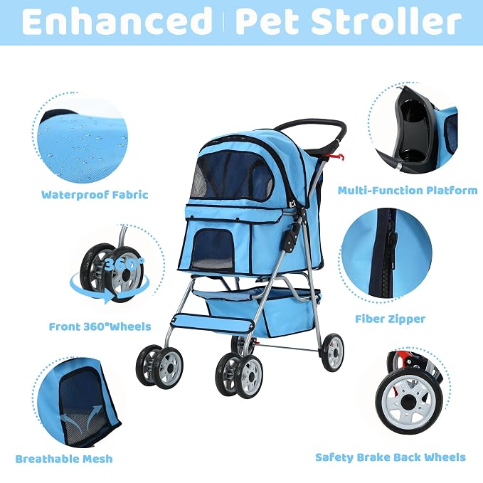 Pet Stroller for Small Medium Dogs & Cats, 4-Wheel Breathable Compact Foldable Dog Carrier with Storage Basket, Outdoor Portable Lightweight Travel Stroller for Camping,Blue
