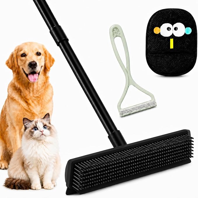 GOOGO Pet Hair Removal Kit with Carpet Rake, Black | black carpet rake and scraper kit, rake and scraper tool combination, for pet hair on carpet and fabric surfaces