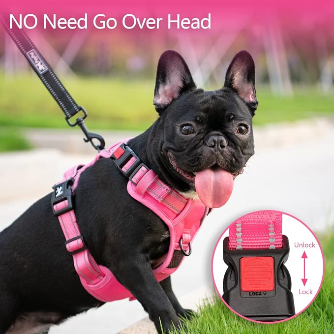 PoyPet No Pull Dog Harness, Reflective Vest with 2 Leash Clips & Handle | Lockable Neck Release Buckle, No Choke, Adjustable, Soft Padded, for Walking Training, Pink Matching Trim, X-Small