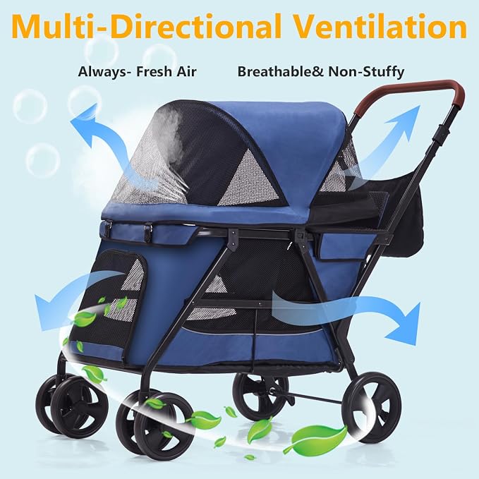 Dog Stroller for Large & Medium Dogs, Foldable Pet Stroller for 2 Small Dogs Up to 66lbs, with All-Terrain Wheels, Breathable Mesh Ventilation & Storage Pocket (Blue)