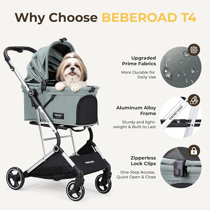 Pet Stroller Dog Cat Stroller for Small Medium Dogs Cats, 4 Wheels Travel Folding Carrier Waterproof Puppy Stroller with Pad, Canopy and Cup Holder, Green