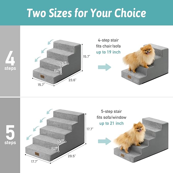 Dog Stairs for Small Dogs 17.7" H, 5 Step Gentle Incline Pet Step for Couch and Beds, Right-Angle Dog Ramp for Puppy Doggie Senior Cats, 17.7x29.5x17.7 Inch, Grey