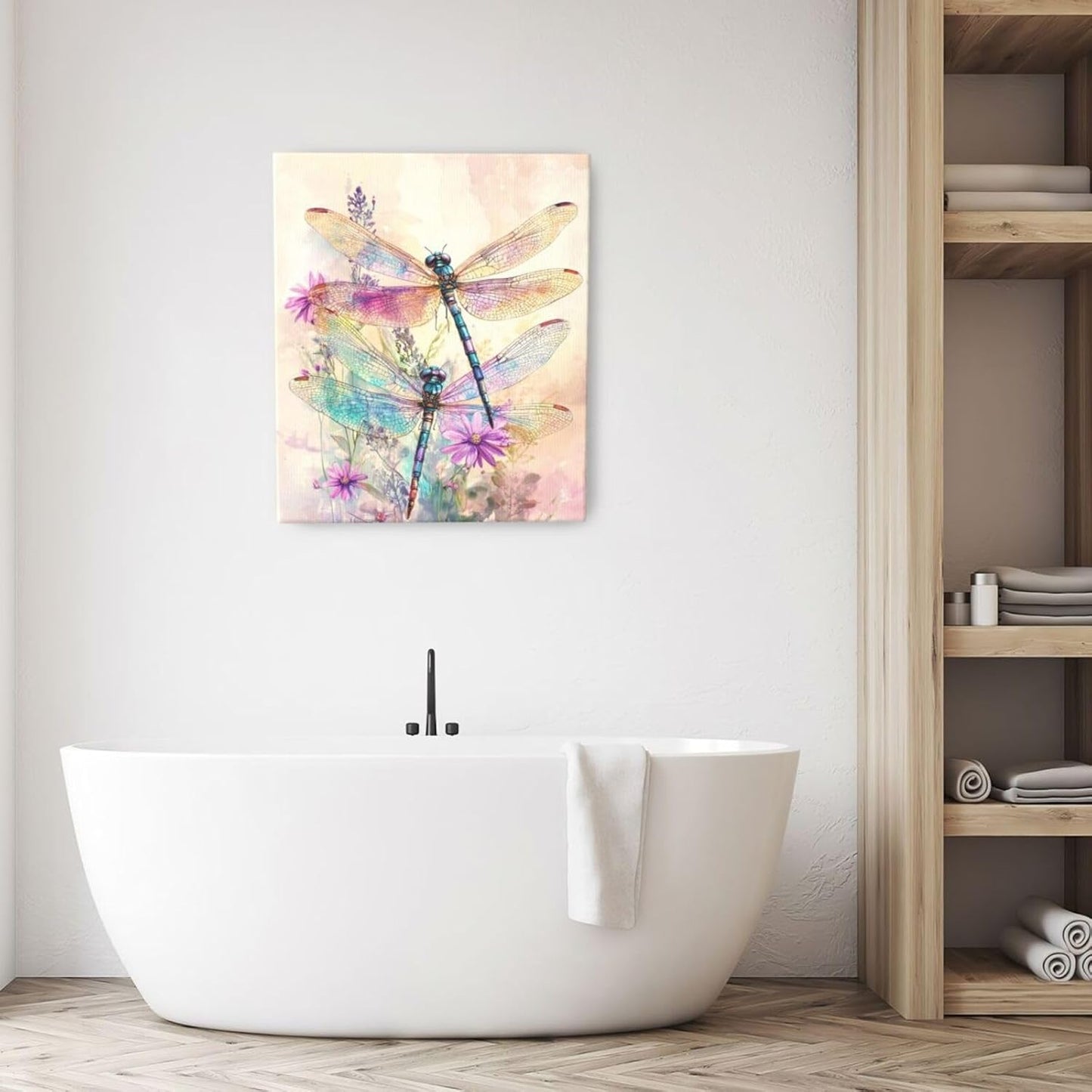 Dragonfly Bathroom Pictures Wall Art, Floral Bathroom Wall Decor, Framed Painting Canvas Artwork for Bedroom Living Room Decorations 24"L x 20"W