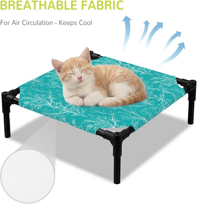 Outdoor Elevated Dog Bed for Small Dogs, Teal Botanical Breathable Cooling Raised Dog Cot for Indoor/Outdoor, Vintage Floral Plants Branch Waterproof Elevated Pet Beds, S 20 x 20 in