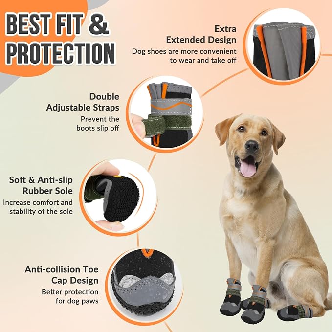 SlowTon Dog Shoes for Large Small Medium Dogs - Waterproof Dog Boots for Summer Hot Pavement, Paw Protector for Outdoor Walking Winter Snow, Anti-Slip Rubber Dog Booties for Hardwood Floor (Black, 4)