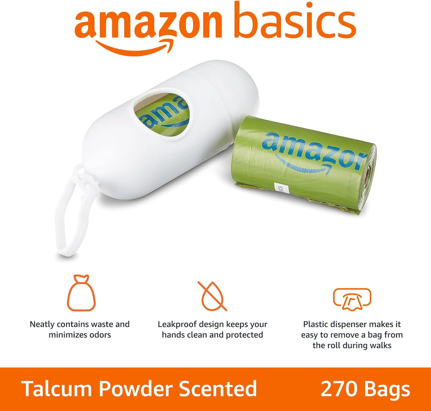 Amazon Basics Dog Poop Bags with Dispenser, 270 Count, Enhanced for Guaranteed Leakproof, Talcum Powder Scented, Includes Leash Clip