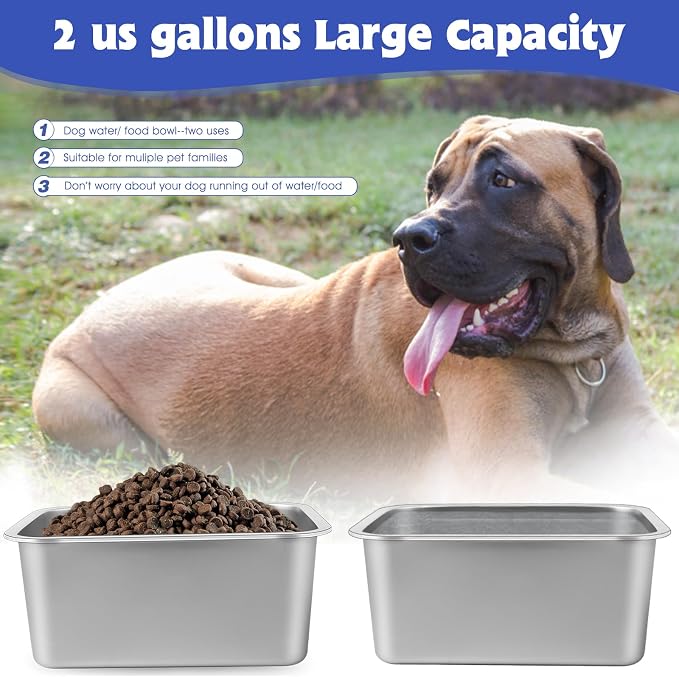 2 Gallon Large Dog Water Bowl, 2 Pack Stainless Steel Dog Bowls | 12.6 x 8.7 x 5.9 in Bowl Set, Food or Water Use, Indoor Outdoor Use, Wide Opening, Rounded Corners, Easy Rinse