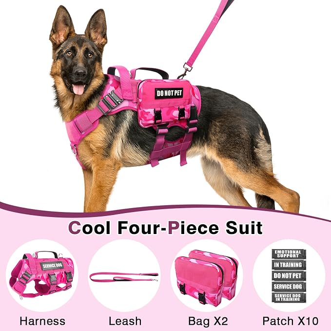 Tactical Dog Harness with Dog Leash, Service Working MOLLE Vest with 10 Pet Patches for Dog, No Pull Military Harness and Backpack for Training Hunting Walking